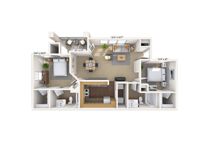 Floor plan for 2 beds, 2 baths, 950 sqft