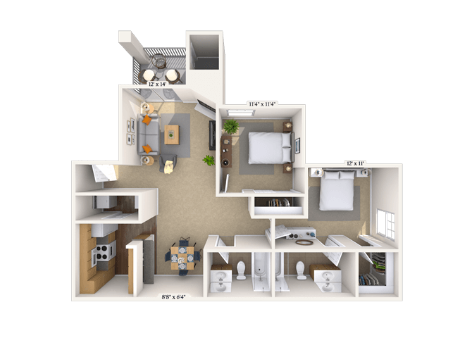 Floor plan for 2 beds, 2 baths, 995 sqft