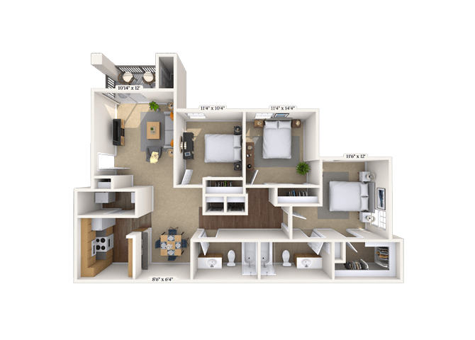 Floor plan for 3 beds, 2 baths, 1200 sqft