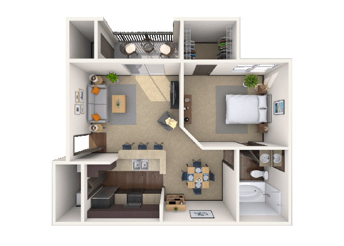Floor plan for 1 bed, 1 bath, 650 sqft