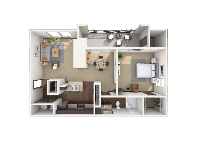 Floor plan for 1 bed, 1 bath, 740 sqft