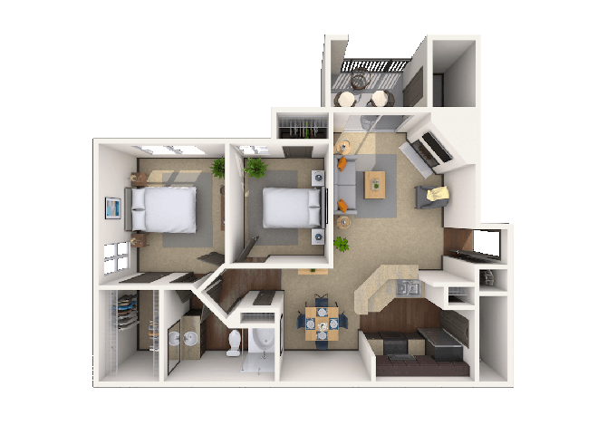 Floor plan for 2 beds, 1 bath, 912 sqft