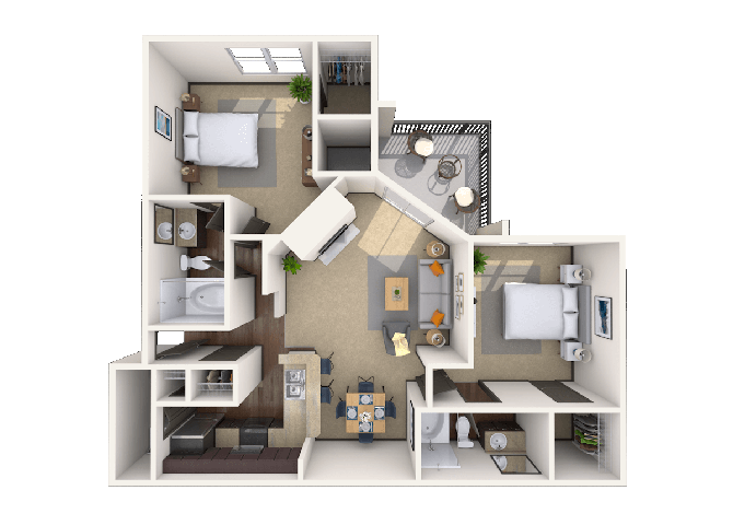 Floor plan for 2 beds, 2 baths, 1069 sqft