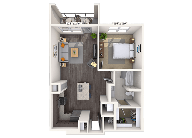 Floor plan for 1 bed, 1 bath, 735 sqft