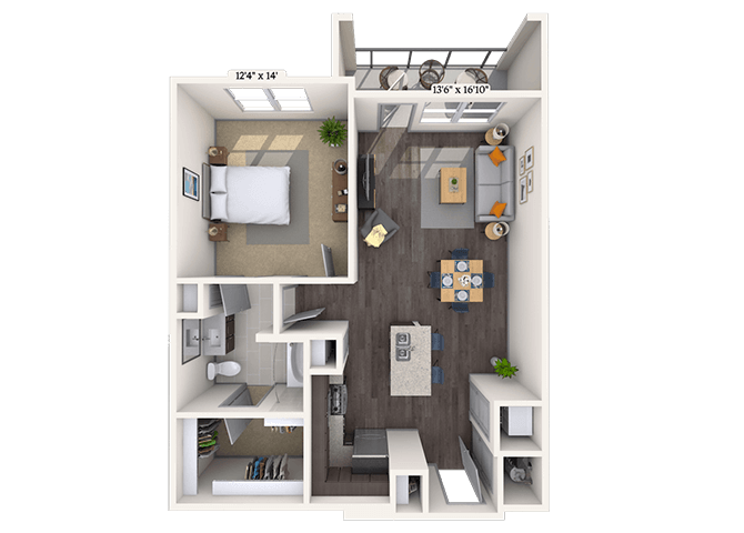 Floor plan for 1 bed, 1 bath, 838 sqft