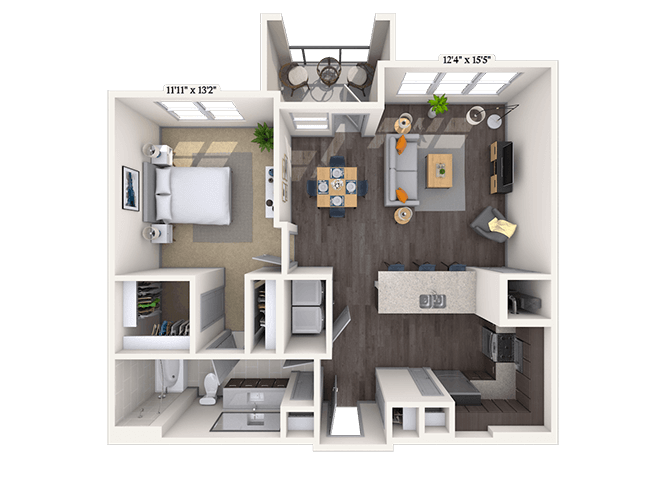 Floor plan for 1 bed, 1 bath, 884 sqft