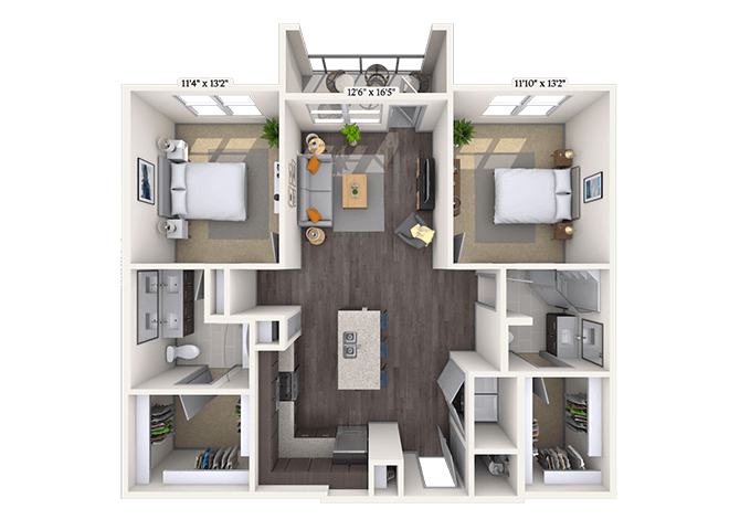 Floor plan for 2 beds, 2 baths, 1151 sqft
