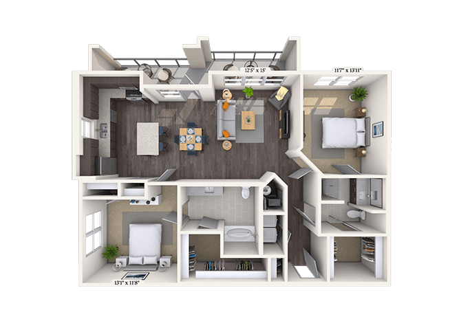 Floor plan for 2 beds, 2 baths, 1259 sqft