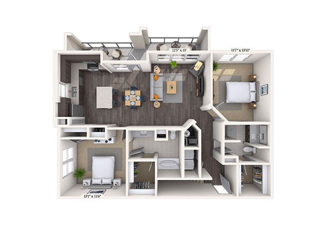 Floor plan for 2 beds, 2 baths, 1279 sqft