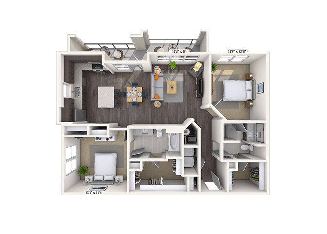 Floor plan for 2 beds, 2 baths, 1259 sqft