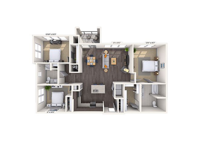 Floor plan for 3 beds, 2 baths, 1429 sqft