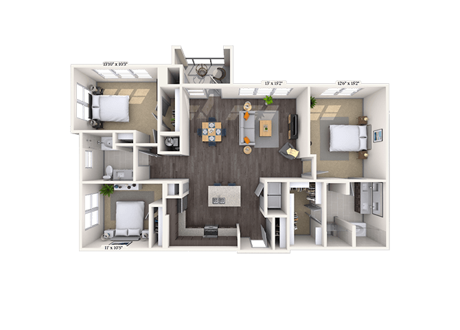 Floor plan for 3 beds, 2 baths, 1429 sqft