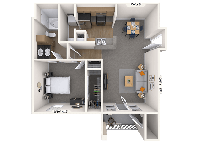 Floor plan for 1 bed, 1 bath, 742 sqft