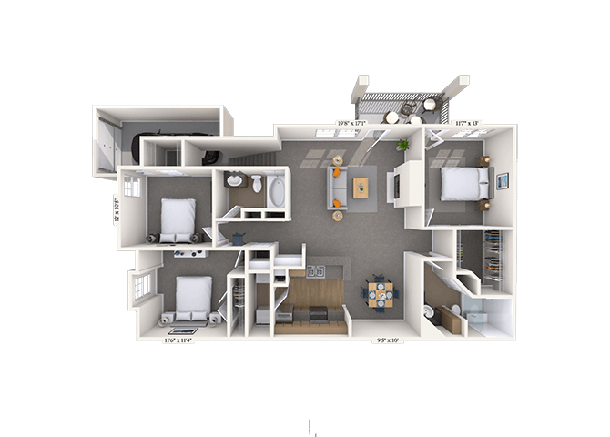 Floor plan for 3 beds, 2 baths, 1425 sqft