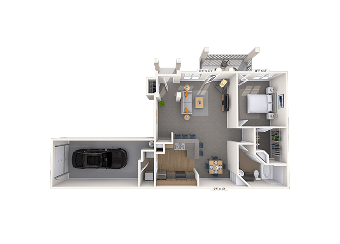 Floor plan for 1 bed, 1 bath, 937 sqft