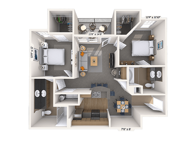 Floor plan for 2 beds, 2 baths, 968 sqft