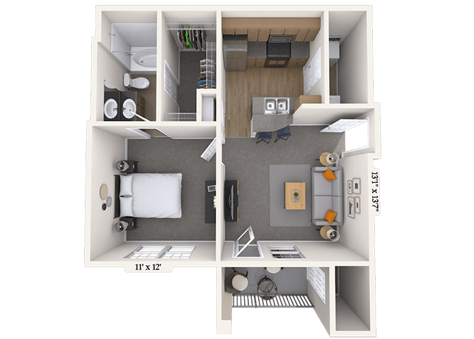 Floor plan for 1 bed, 1 bath, 573 sqft