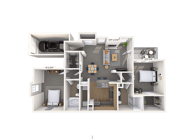Floor plan for 2 beds, 2 baths, 1125 sqft