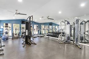 Dallas apartment for rent - A spacious gym with a variety of equipment including treadmills, weights, and exercise machines.