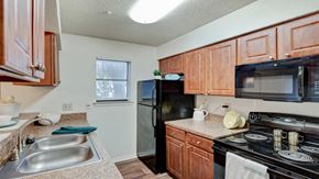 Dallas apartment for rent - a kitchen with black appliances and granite counter tops