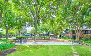 Dallas apartment for rent - a park with benches and trees in front of a building