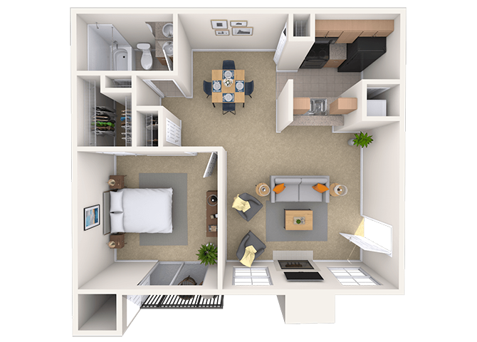 Floor plan for 1 bed, 1 bath, 600 sqft