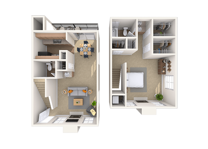 Floor plan for 1 bed, 1.5 baths, 840 sqft