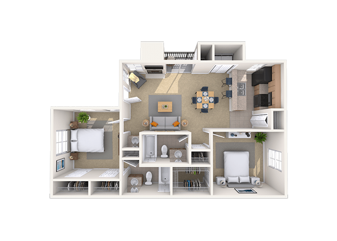 Floor plan for 2 beds, 2 baths, 1000 sqft