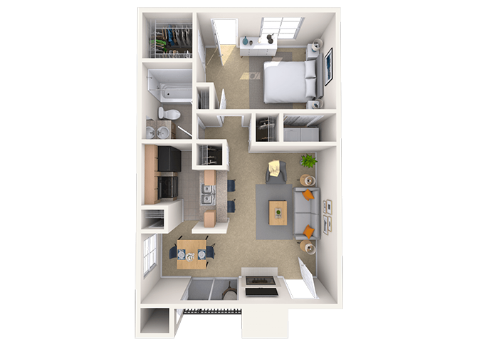 Floor plan for 1 bed, 1 bath, 630 sqft