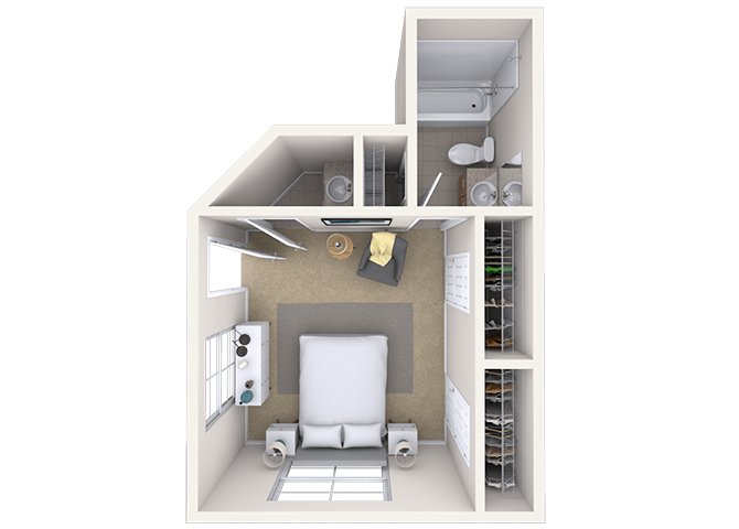Floor plan for 1 bed, 1 bath, 275 sqft