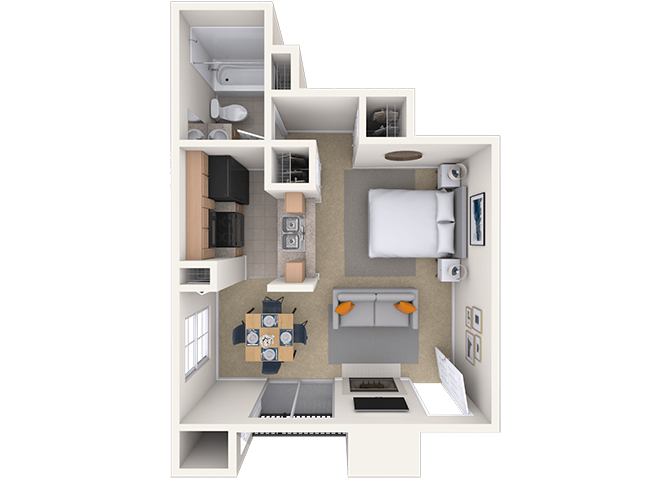 Floor plan for 1 bed, 1 bath, 440 sqft