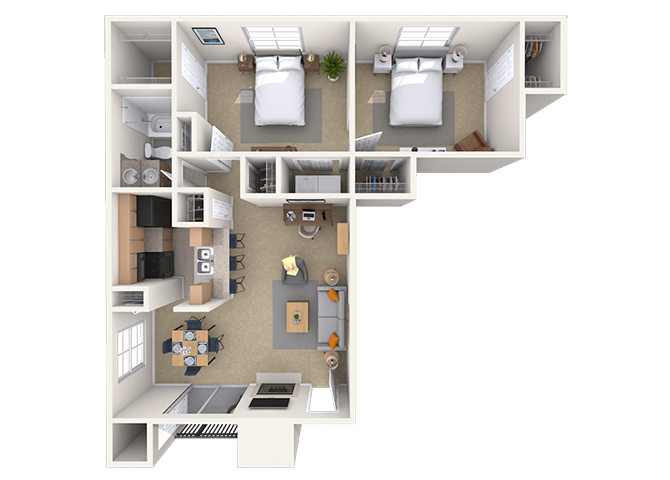 Floor plan for 2 beds, 1 bath, 890 sqft