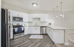 Dallas apartment for rent - a kitchen with white cabinets and stainless steel appliances