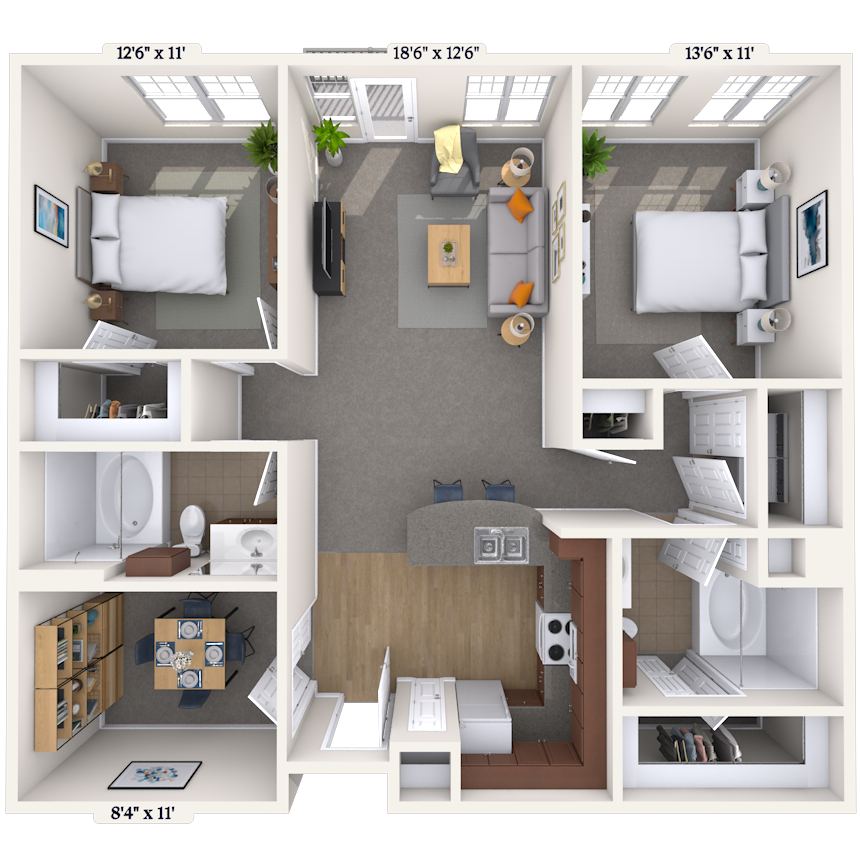 Floor plan for 2 beds, 2 baths, 1119 sqft