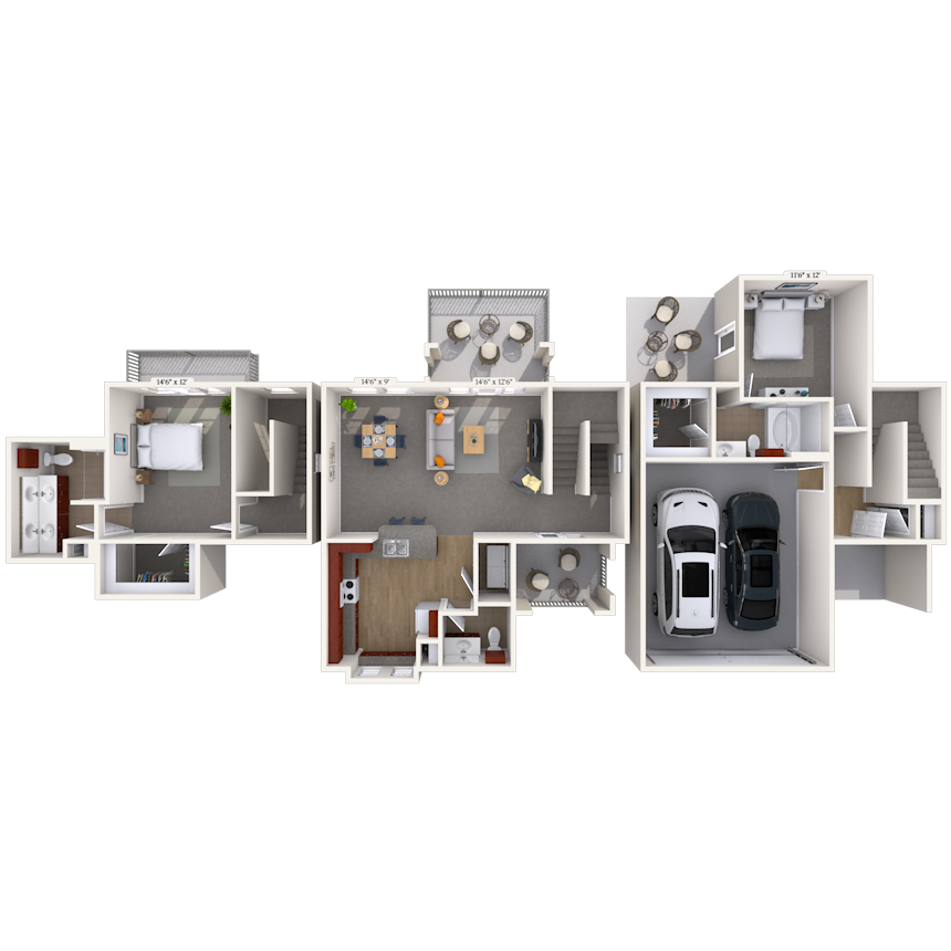 Floor plan for 2 beds, 2 baths, 1434 sqft
