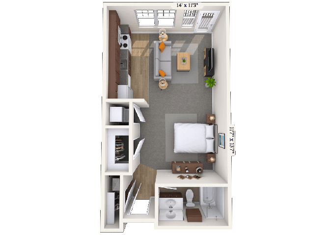 Floor plan for studio, 1 bath, 557 sqft