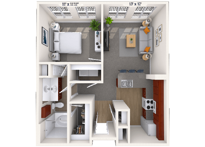 Floor plan for 1 bed, 1 bath, 658 sqft