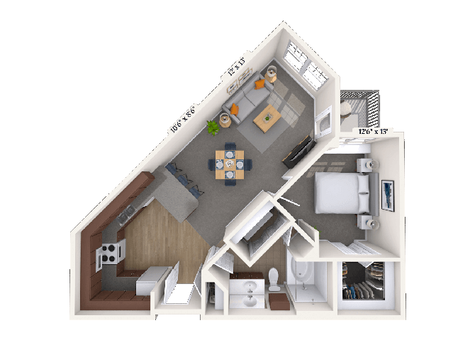 Floor plan for 1 bed, 1 bath, 710 sqft