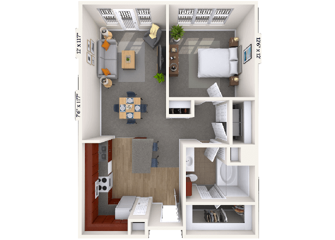 Floor plan for 1 bed, 1 bath, 767 sqft