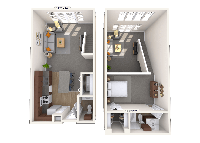 Floor plan for 1 bed, 1 bath, 864 sqft