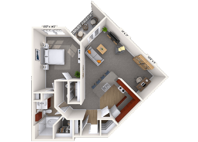 Floor plan for 1 bed, 1 bath, 939 sqft