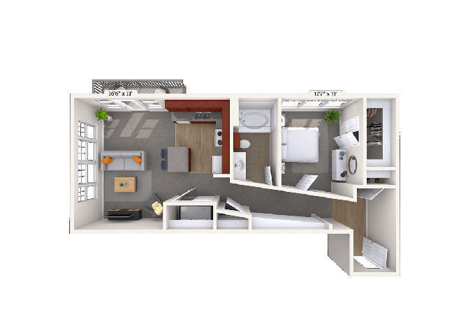Floor plan for 1 bed, 1 bath, 709 sqft