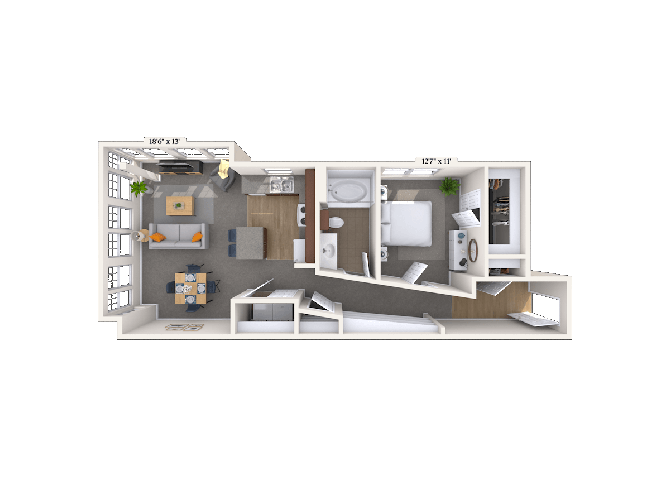 Floor plan for 1 bed, 1 bath, 703 sqft