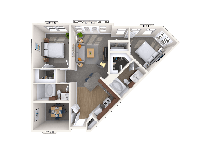 Floor plan for 2 beds, 2 baths, 1076 sqft