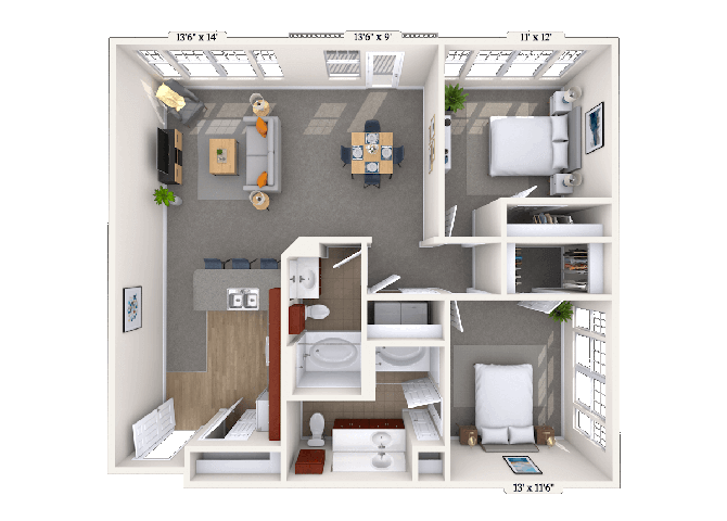 Floor plan for 2 beds, 2 baths, 1121 sqft
