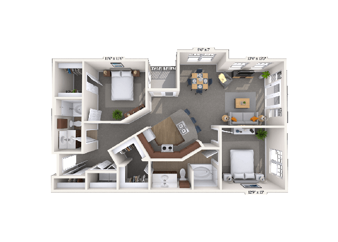Floor plan for 2 beds, 2 baths, 1270 sqft