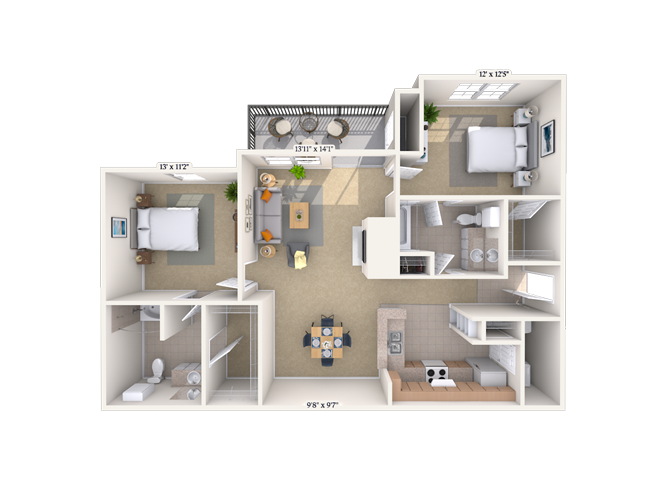 Floor plan for 2 beds, 2 baths, 1078 sqft