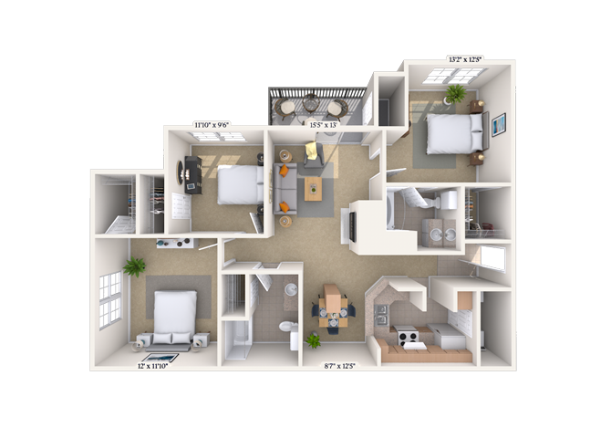 Floor plan for 3 beds, 2 baths, 1257 sqft