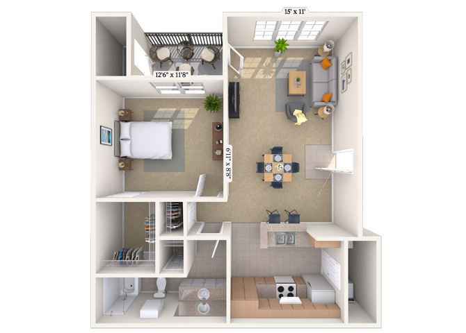 Floor plan for 1 bed, 1 bath, 707 sqft