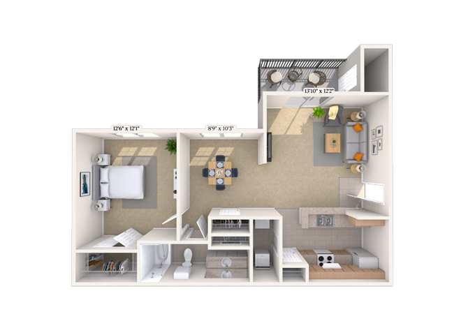 Floor plan for 1 bed, 1 bath, 750 sqft
